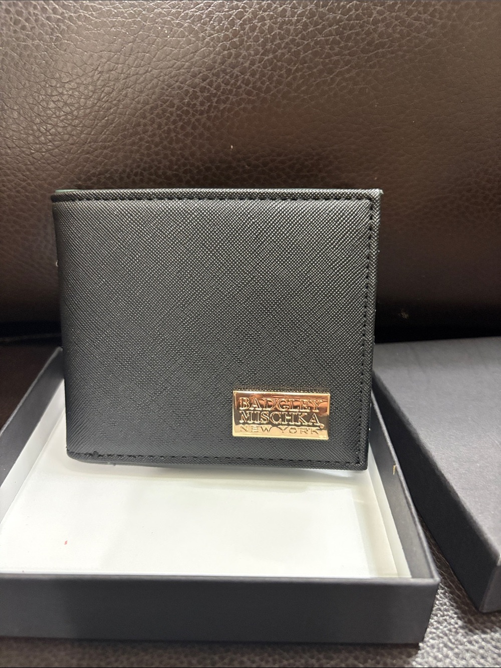 Badgley Mischka Black Faux Leather Bi-Fold Wallet with Gold-Tone Logo Plaque